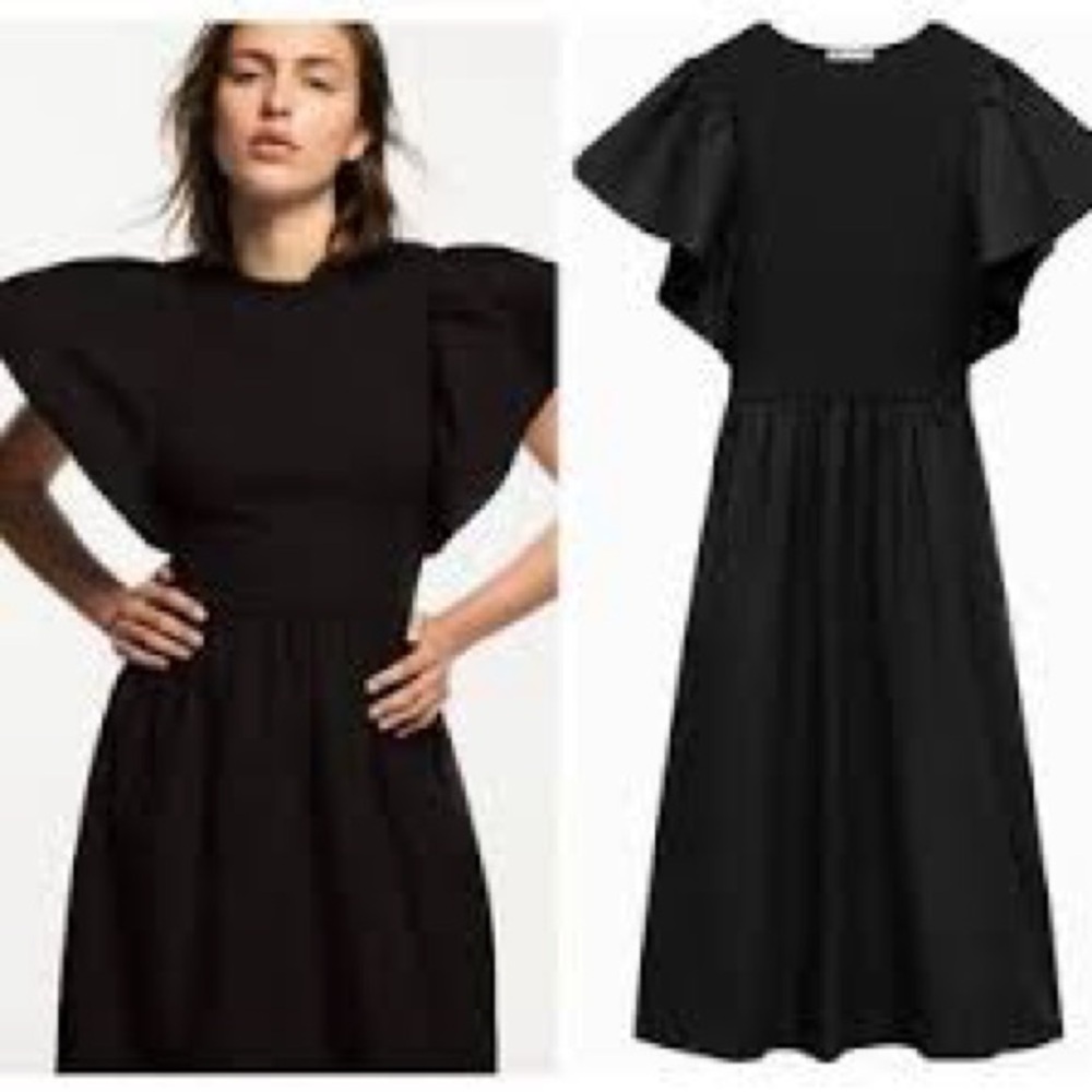 ZARA Black Midi Dress | Size L | Flutter Sleeves